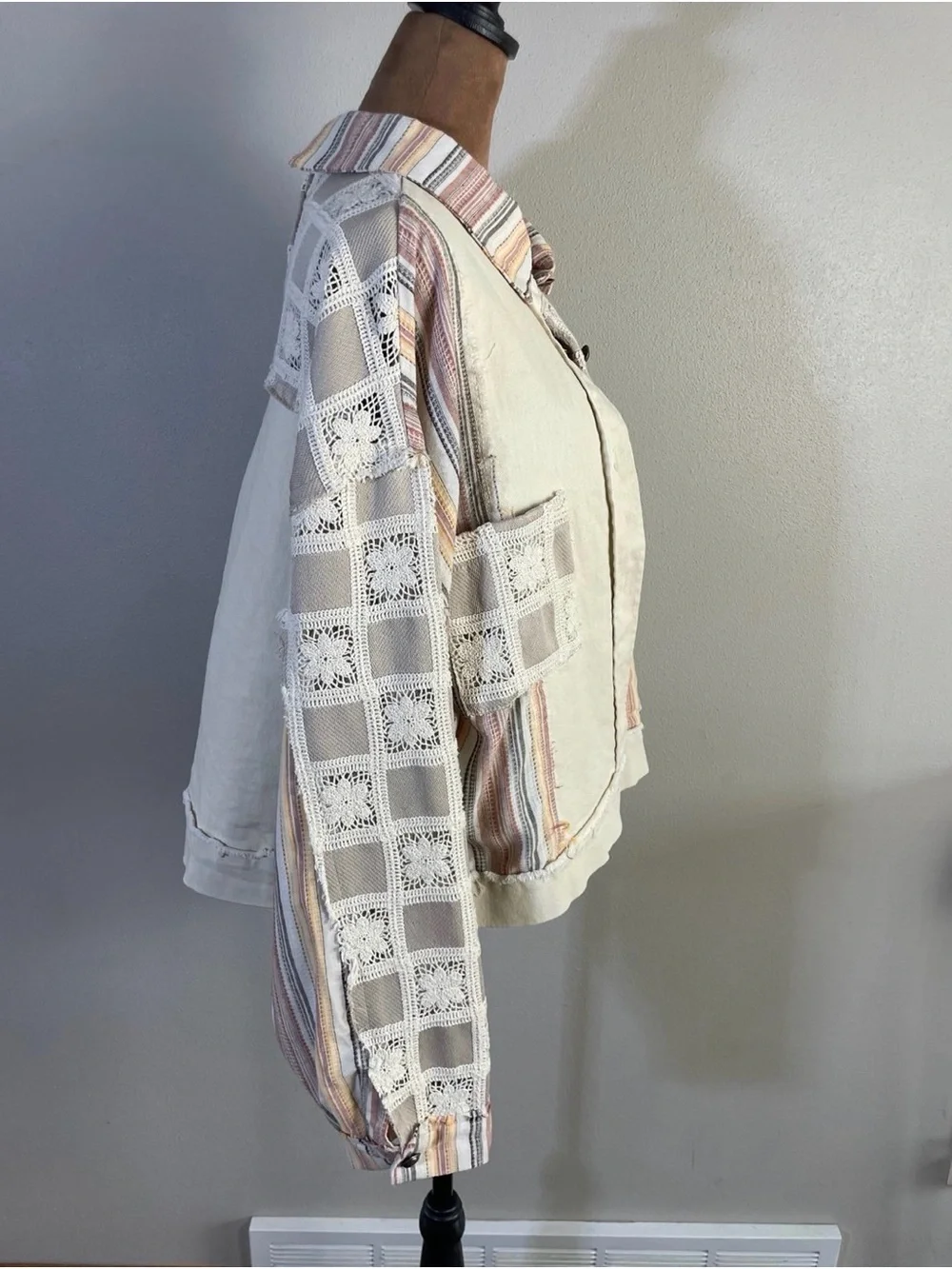 POL Patchwork Lace Trucker Jacket in Beige with Pastel Stripes